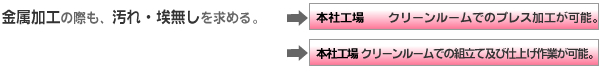 金属加工の際も、汚れ・埃無しを求める。→本社工場：クリーンルームでの加工が可能。